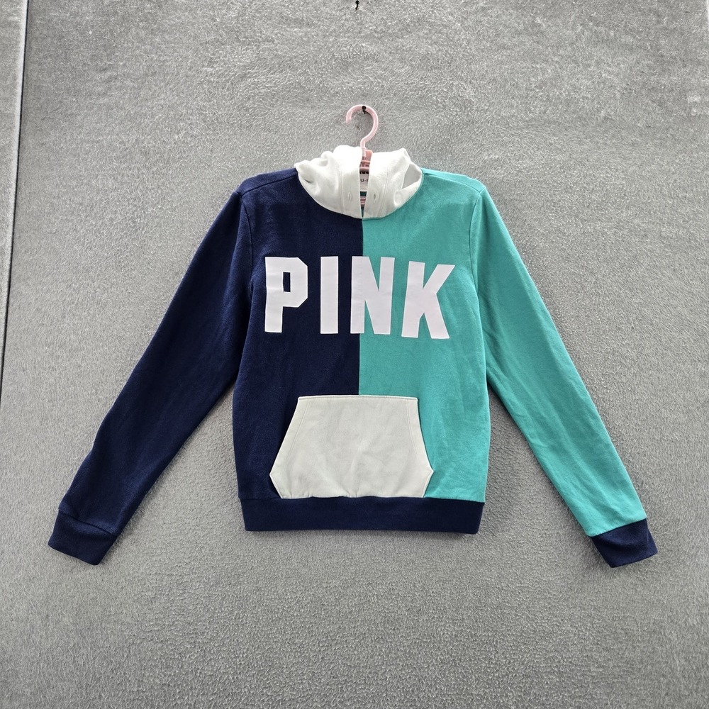 Victoria's Secret PINK Women Sweatshirt M Teal Colorblock Button Logo READ